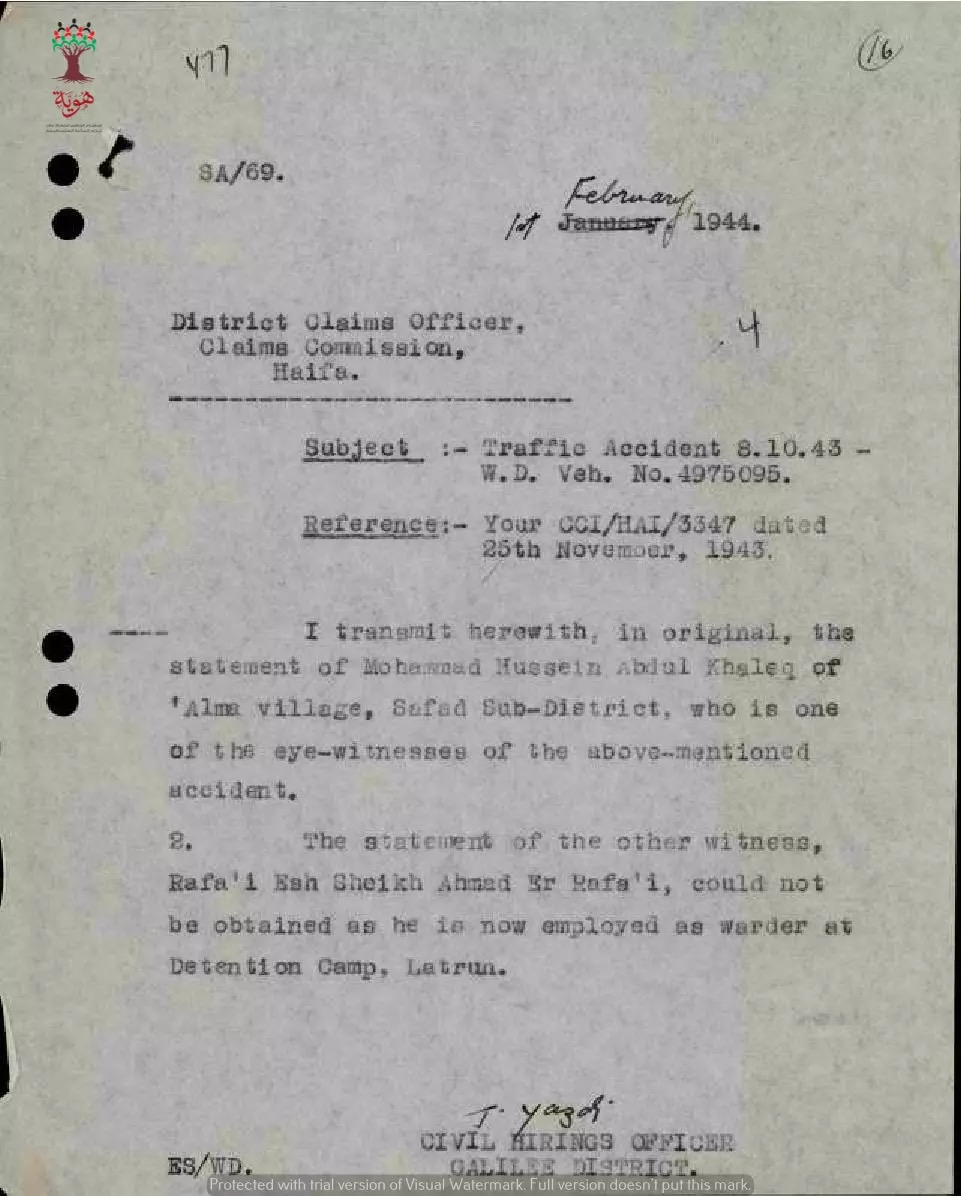 Typed English letter on official paper, signed T. Yazdi, 1944